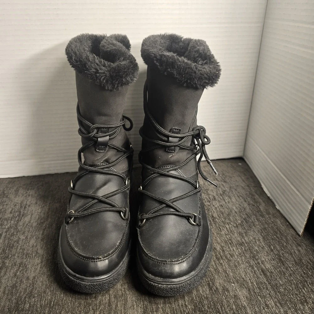 Esmara Waterproof Black Snow Boots Faux Fur Trim Lace Up Mid Calf Womens Size 7